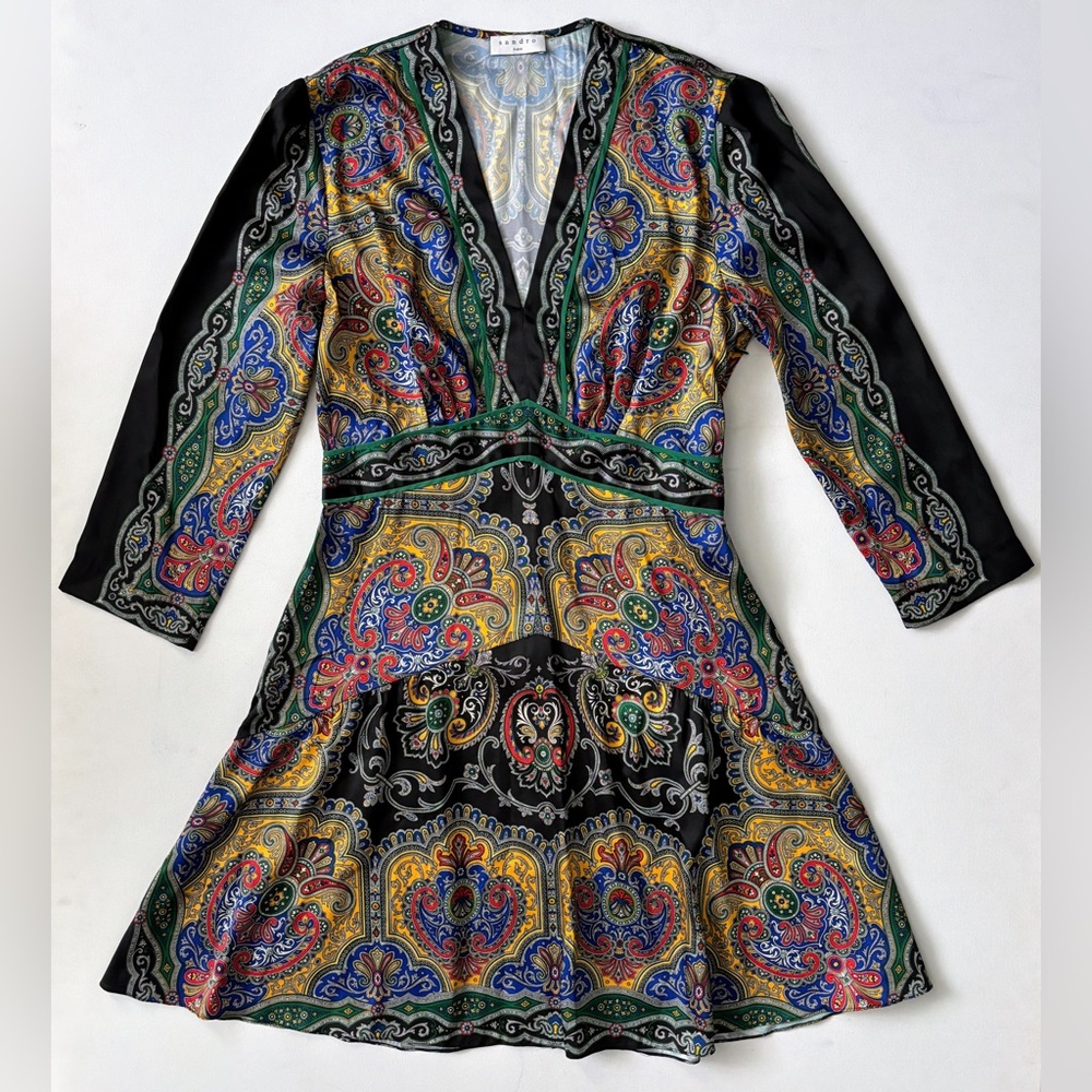 Sandro Rayan gathered printed satin twill mini dress 38 Paisley Long Sleeves